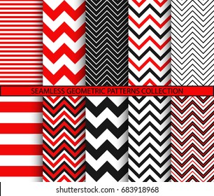 Seamless geometric patterns collection. Square tile if doubled. 1 to 2 ratio. Red black white graphic prints. Chevron backgrounds set. Zigzag and stripes ornaments. Vector illustration.