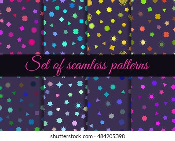 Seamless geometric patterns with colorful geometric figures. Squares, triangles, hexagons and stars. Vector illustration.