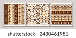 Seamless geometric patterns with icons of coffee beans, coffee cups, sun, text, geometric shapes. Retro simple style. For branding, decoration of food package, kitchen textile
