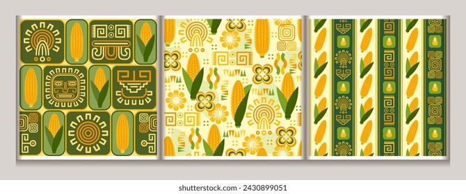 Seamless geometric patterns with icons of corn cob, corn grains, ethnic mesoamerican ornament, shapes. For branding, decoration of food package, decorative print for kitchen.