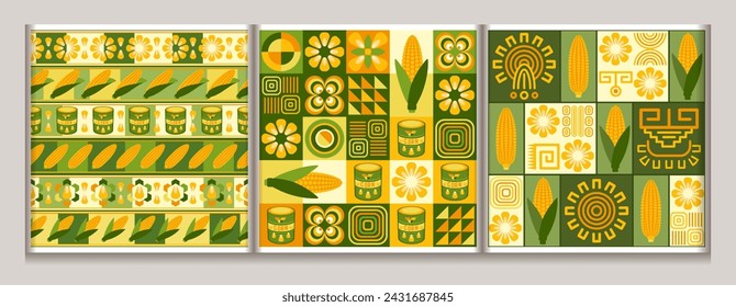 Seamless geometric patterns with icons of corn cob, corn grains, cans, ethnic mesoamerican ornament, shapes. For branding, decoration of food package, decorative print for kitchen.