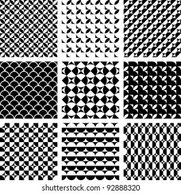 Seamless geometric patterns in op art design. Vector set.