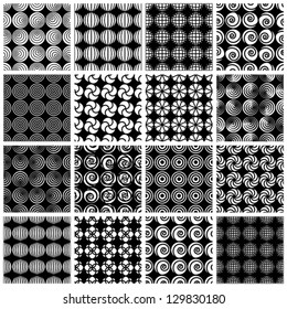 Seamless geometric patterns, retro style black and white vector backgrounds collection, 16 examples set.