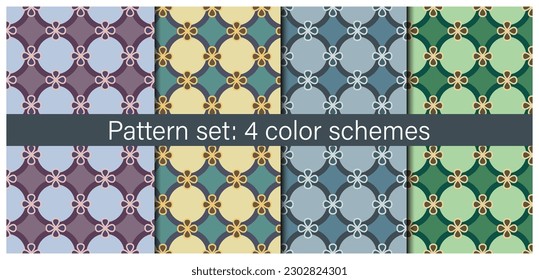 Nahtlose geometrische Muster im Retro-Stil aus Kreisen und stilisierten Blumen. Oberflächengestaltung in vier verschiedenen Farbschemata für Textilien und Innenräume