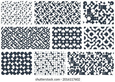 Seamless geometric patterns set, abstract vector backgrounds for wallpaper or websites or wrapping paper print created with black and white elements of geometry.