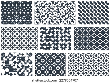 Seamless geometric patterns set, abstract vector backgrounds for wallpaper or websites or wrapping paper print created with black and white elements of geometry.