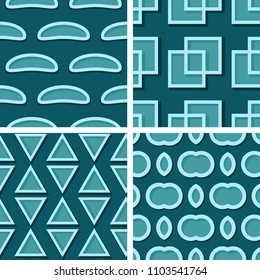 Seamless geometric patterns. Set of blue green 3d backgrounds. Vector illustration