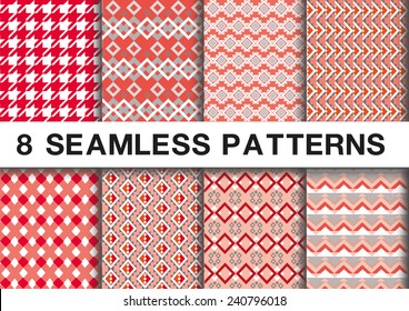 Seamless geometric patterns set collections of 8 red and white tones  ,vector illustration 
