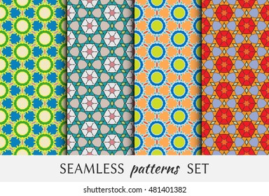 Seamless geometric patterns set, colorful fabric texture, seamless backgrounds. Contemporary graphic design, ethnic ornament. Vector illustration