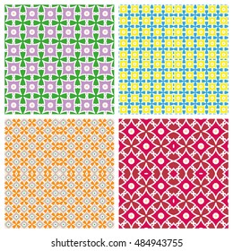 Seamless geometric patterns set, colorful fabric texture, seamless backgrounds. Contemporary graphic design, ethnic ornament. Vector illustration