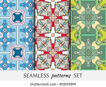 Seamless geometric patterns set, colorful fabric texture, seamless backgrounds. Contemporary graphic design, ethnic ornament. Vector illustration