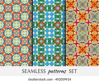 Seamless geometric patterns set, colorful fabric texture, seamless backgrounds. Contemporary graphic design, ethnic ornament. Vector illustration