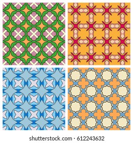 Seamless geometric patterns set, colorful fabric texture, seamless square background collection. Contemporary graphic design, ethnic ornament. Vector illustration
