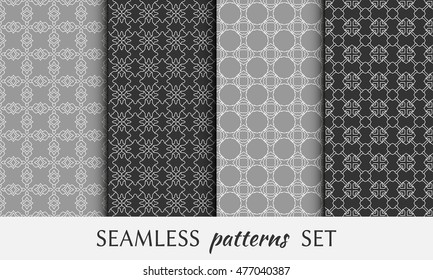 Seamless geometric patterns set. Contemporary graphic design. Endless texture for wallpaper, pattern fills, web page line backgrounds. Monochrome black and white geometric ornaments.