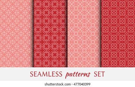 Seamless geometric patterns set. Contemporary graphic design. Endless texture for wallpaper, pattern fills, web page line backgrounds. Monochrome red, pink and white geometric ornaments.