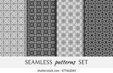 Seamless geometric patterns set. Contemporary graphic design. Endless texture for wallpaper, pattern fills, web page line backgrounds. Monochrome black and white geometric ornaments.
