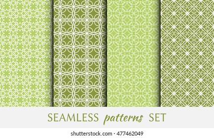 Seamless geometric patterns set. Contemporary graphic design. Endless texture for wallpaper, pattern fills, web page line backgrounds. Monochrome green and white geometric ornaments.