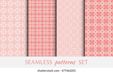 Seamless geometric patterns set. Contemporary graphic design. Endless texture for wallpaper, pattern fills, web page line backgrounds. Monochrome red, pink and white geometric ornaments.