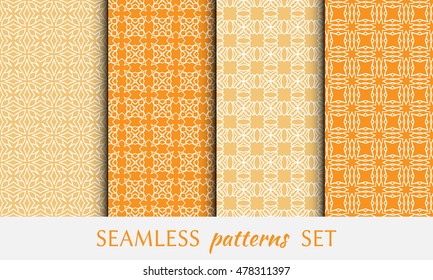 Seamless geometric patterns set. Contemporary graphic design. Endless texture for wallpaper, pattern fills, web page line backgrounds. Monochrome yellow, gold and white geometric ornaments.