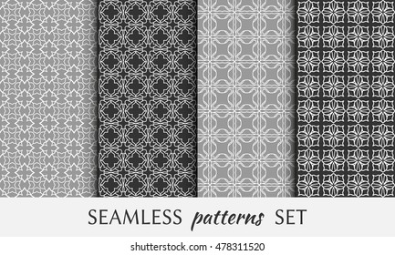 Seamless geometric patterns set. Contemporary graphic design. Endless texture for wallpaper, pattern fills, web page line backgrounds. Monochrome black and white geometric ornaments.