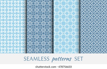 Seamless geometric patterns set. Contemporary graphic design. Endless texture for wallpaper, pattern fills, web page line backgrounds. Monochrome blue and white geometric ornaments.