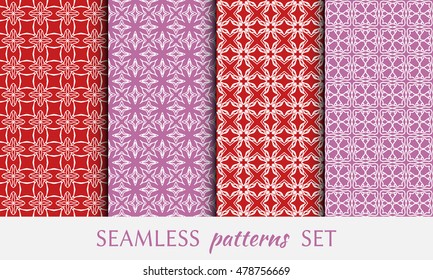 Seamless geometric patterns set. Contemporary graphic design. Endless texture for wallpaper, pattern fills, web page line backgrounds. Monochrome purple, red and white geometric ornaments.
