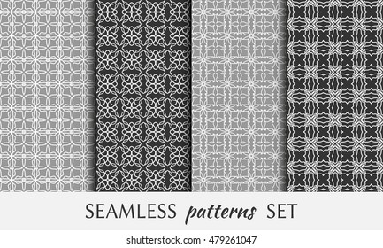 Seamless geometric patterns set. Contemporary graphic design. Endless texture for wallpaper, pattern fills, web page line backgrounds. Monochrome black and white geometric ornaments.
