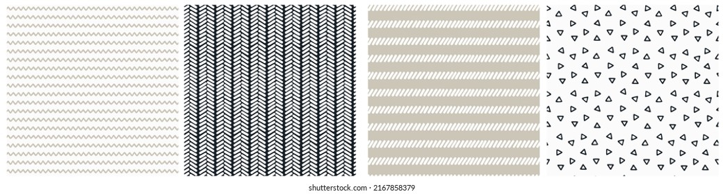 Seamless geometric patterns set with hand drawn uneven ring, checkered, striped, lines for surface design, craft, apparel and other design projects