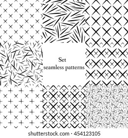Seamless geometric patterns set monochrome, short line, crossing -vector illustration. Black and white.