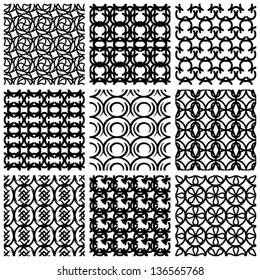 Seamless geometric patterns set, retro style black and white vector backgrounds collection.