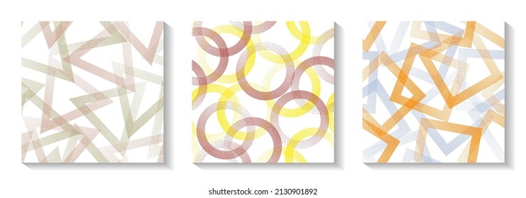 Seamless geometric patterns set with shapes of dots. Circle rings with dots texture, square of points, halftone pixels triangles backgrounds funky vector collection. Wrapping paper prints.