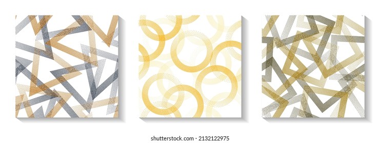 Seamless geometric patterns set with shapes of dots. Circles with dots texture, square rhombus of points, halftone pixels triangles backgrounds hipster vector collection. Wallpaper prints.