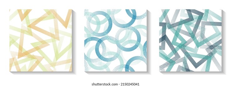 Seamless geometric patterns set with shapes of dots. Circle rings with dots texture, square of points, halftone pixels triangles backgrounds multicolor vector collection. Wrapping paper prints.