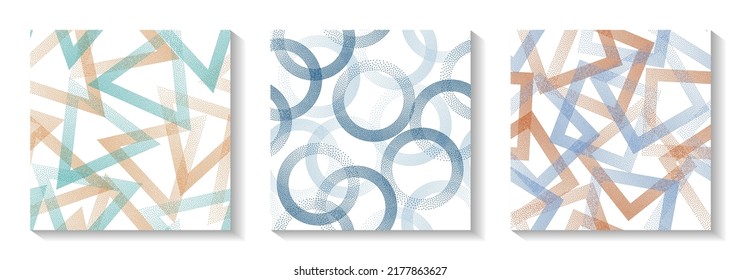 Seamless geometric patterns set with shapes of dots. Round rings with dots texture, square rhombus of points, halftone pixels triangles backgrounds vintage vector collection. Wrapping paper prints.