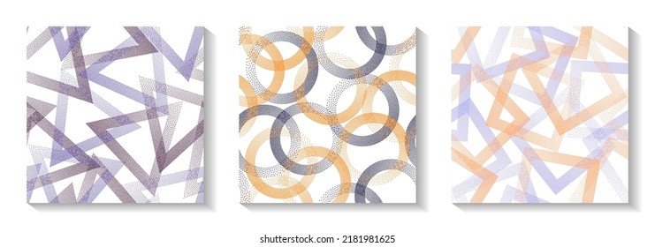 Seamless geometric patterns set with shapes of dots. Circle rings with dots texture, rhombus of points, halftone pixels triangles backgrounds ethnic vector collection. Distortion ornaments.