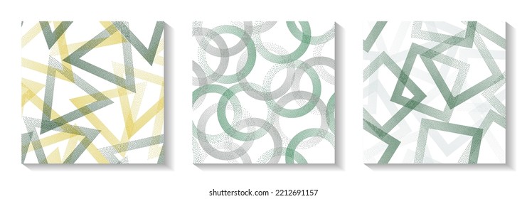 Seamless geometric patterns set with shapes of dots. Circles with dots texture, square rhombus of points, halftone pixels triangles backgrounds abstract vector collection. Textile ornaments.