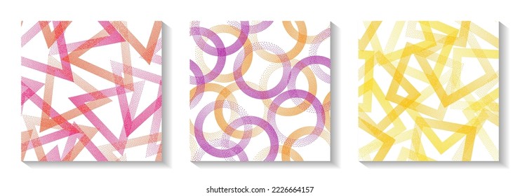 Seamless geometric patterns set with shapes of dots. Circles with dots texture, square rhombus of points, halftone pixels triangles backgrounds simple vector collection. Distortion ornaments.