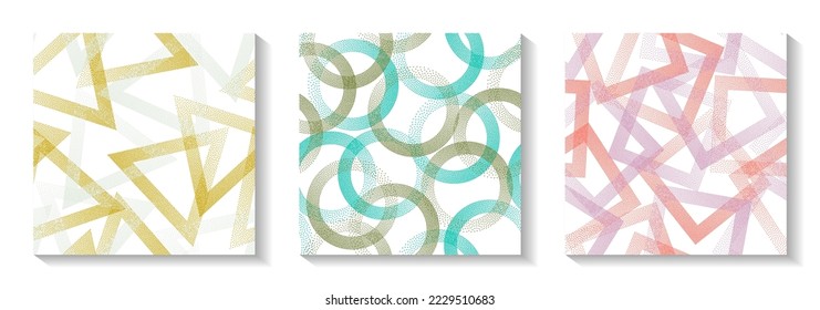 Seamless geometric patterns set with shapes of dots. Rings with dots texture, square of points, halftone pixels triangles backgrounds contemporary vector collection. Perforated ornaments.