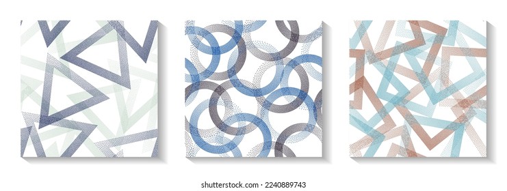 Seamless geometric patterns set with shapes of dots. Circle rings with dots texture, square of points, halftone pixels triangles backgrounds funky vector collection. Fashion ornaments.