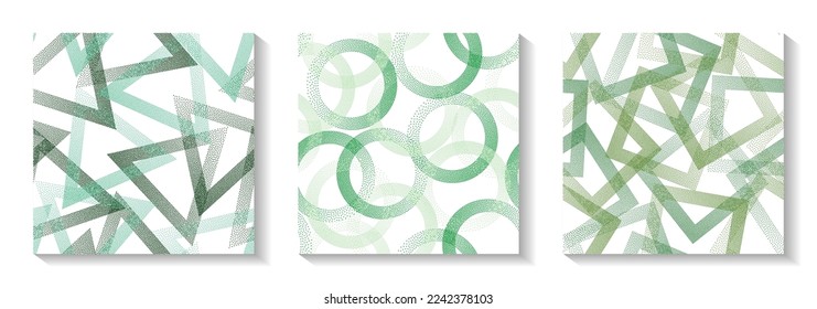 Seamless geometric patterns set with shapes of dots. Circle rings with dots texture, square of points, halftone pixels triangles backgrounds cute vector collection. Wrapping paper prints.