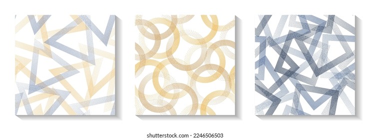 Seamless geometric patterns set with shapes of dots. Circle rings with dots texture, rhombus of points, halftone pixels triangles backgrounds decorative vector collection. Textile ornaments.