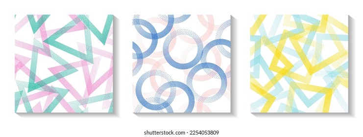 Seamless geometric patterns set with shapes of dots. Circles with dots texture, square rhombus of points, halftone pixels triangles backgrounds hipster vector collection. Textile ornaments.
