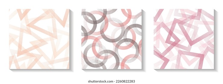 Seamless geometric patterns set with shapes of dots. Circle rings with dots texture, square of points, halftone pixels triangles backgrounds beautiful vector collection. Textile ornaments.