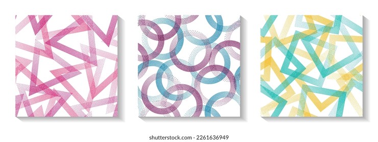 Nahtlose geometrische Muster mit Punktformen. Ringe mit Punktstruktur, Punktquadrat, Dreieckshintergründe mit halbem Pixel, mehrfarbige Vektorgrafik. Modeverzierungen.