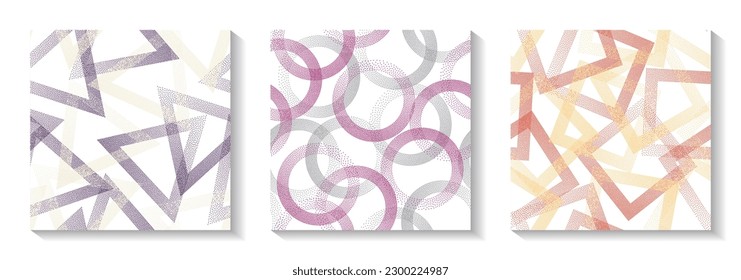 Seamless geometric patterns set with shapes of dots. Circle rings with dots texture, rhombus of points, halftone pixels triangles backgrounds ethnic vector collection. Perforated ornaments.