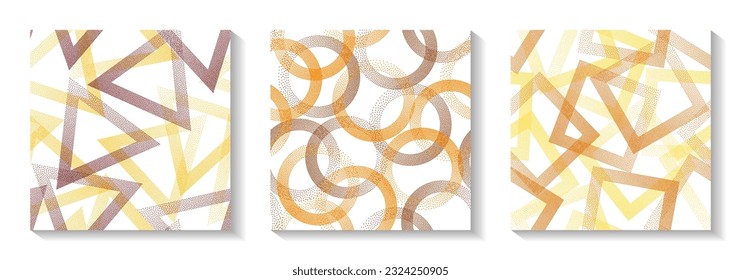 Seamless geometric patterns set with shapes of dots. Round rings with dots texture, square rhombus of points, halftone pixels triangles backgrounds stylish vector collection. Fashion ornaments.