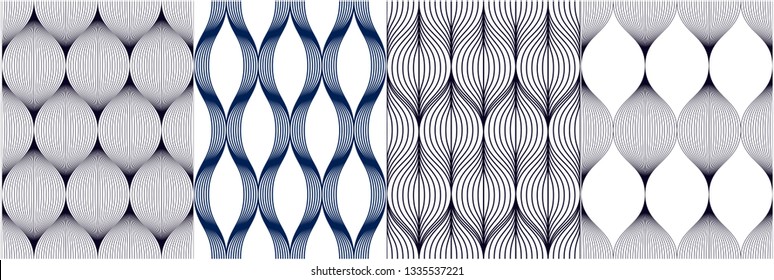 Seamless geometric patterns set. Geometric simple fashion fabric prints. Vector repeating tile textures collection. Wavy curve shapes trendy repeat motif. Single color, black and white. 