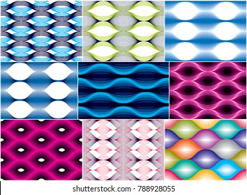 Seamless geometric patterns set. Geometric simple fashion fabric prints. Vector repeating tile textures collection. Wavy curve shapes trendy repeat motif. 