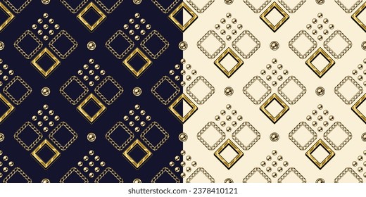 Seamless geometric patterns with square shapes, realistic jewelry golden chains, beads. Classic elegance design. Geometric grid. Not AI