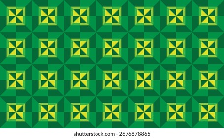 Seamless geometric pinwheel pattern in green and yellow tones, abstract retro background